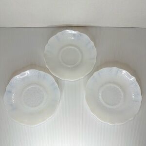 3 Elegant American Sweetheart Monax White Opalescent Glass 6" Tea Cup Saucers